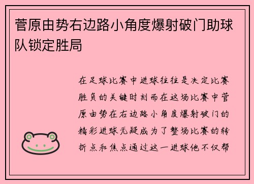 菅原由势右边路小角度爆射破门助球队锁定胜局